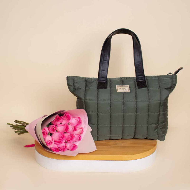 Pavo Olive Green Tote Bag Handbag & 15 Pink Roses