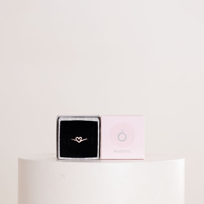 Pandora Sparkling Heart Wishbone Ring 14k Rose Gold-Plated