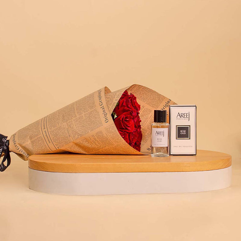 Areej Rose Oud with 15 Red Roses Bouquet