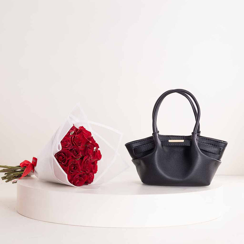 Alamki Alice Black Bag & 15 Red Roses Bouquet