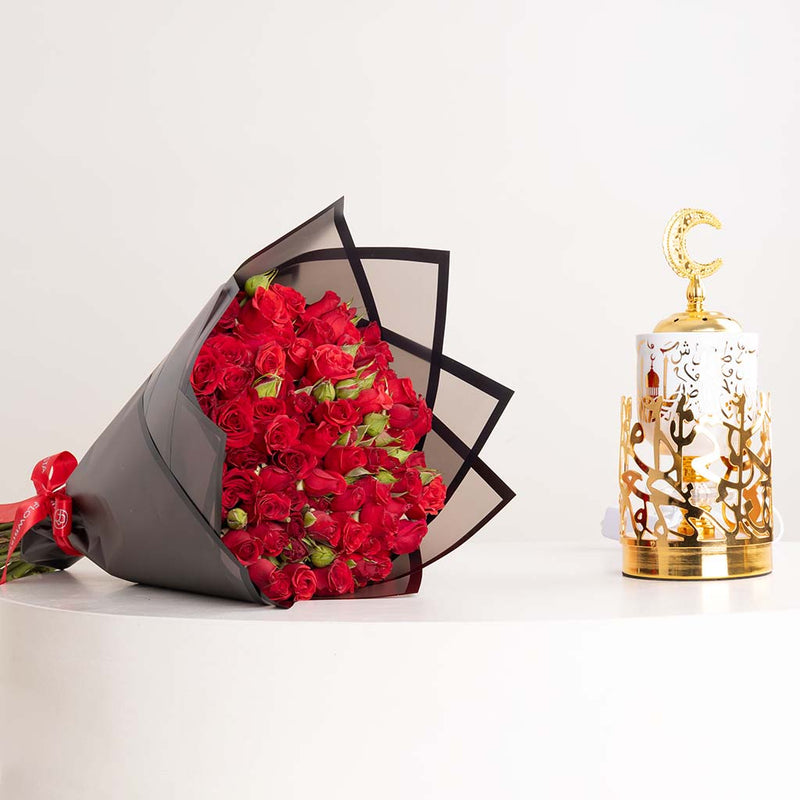Ramadan Pearl Bukhoor Burner & Red Baby Roses Bouquet