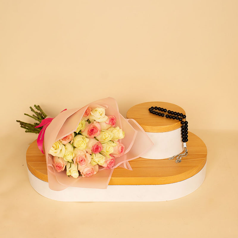 Black Onyx Misbaha | Mixed White and Pink Flower Bouquet with 20 Roses