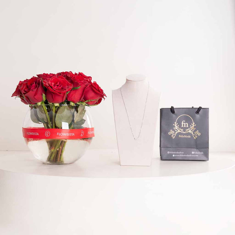 Felizmoda Three-Flower Silver Necklace & Red Roses Vase