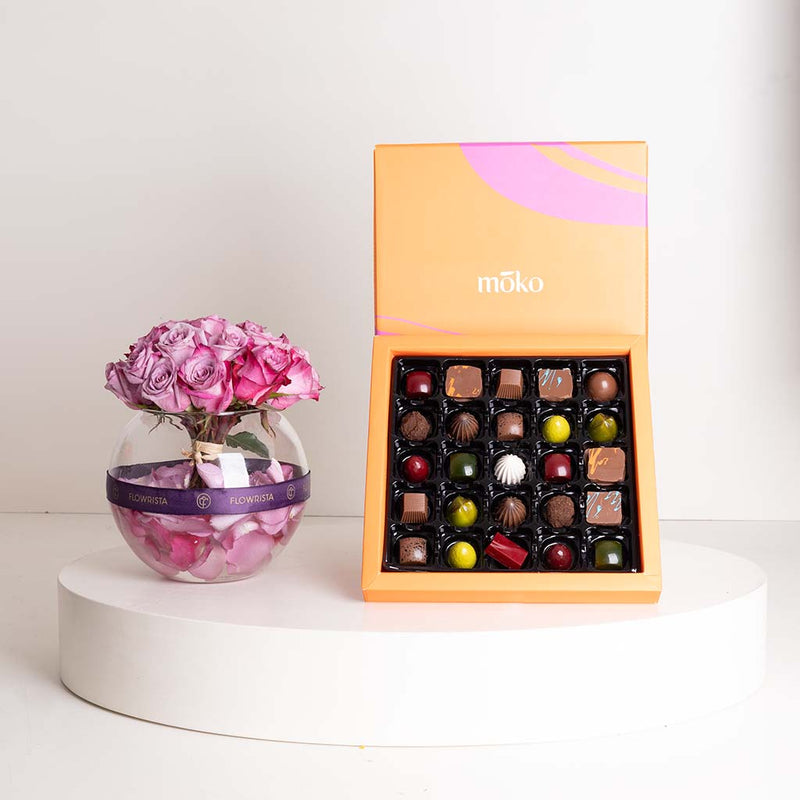 Moko Medley Chocolates Box & Purple Roses Vase