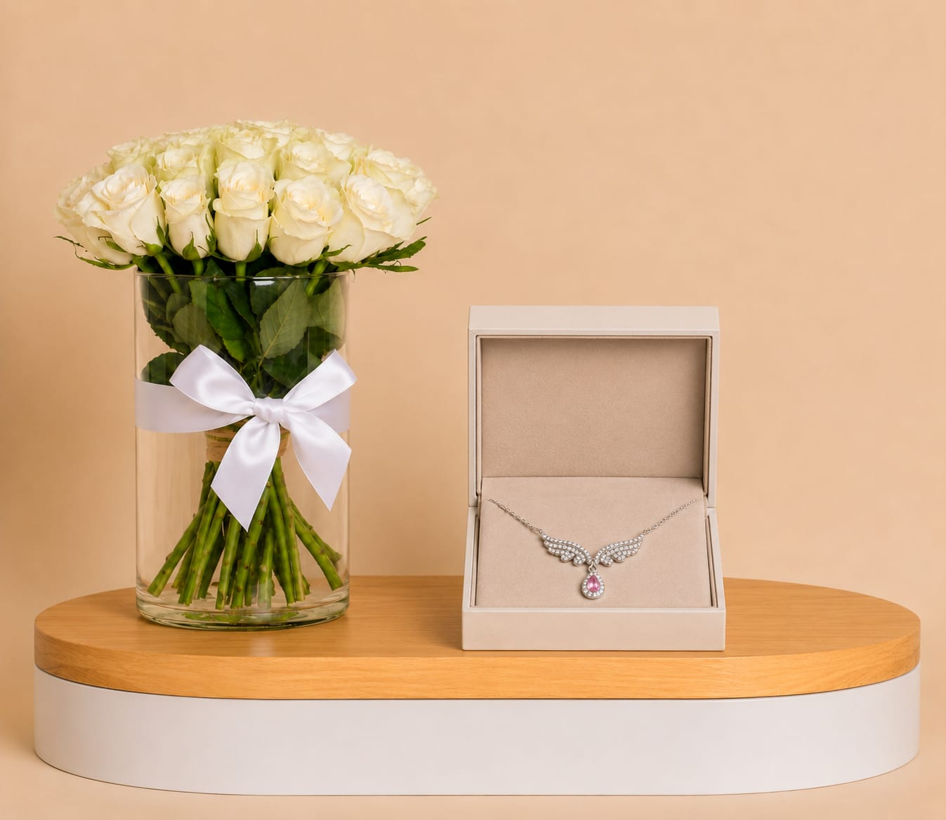 Silvara Angel Wings Necklace & White Roses Vase