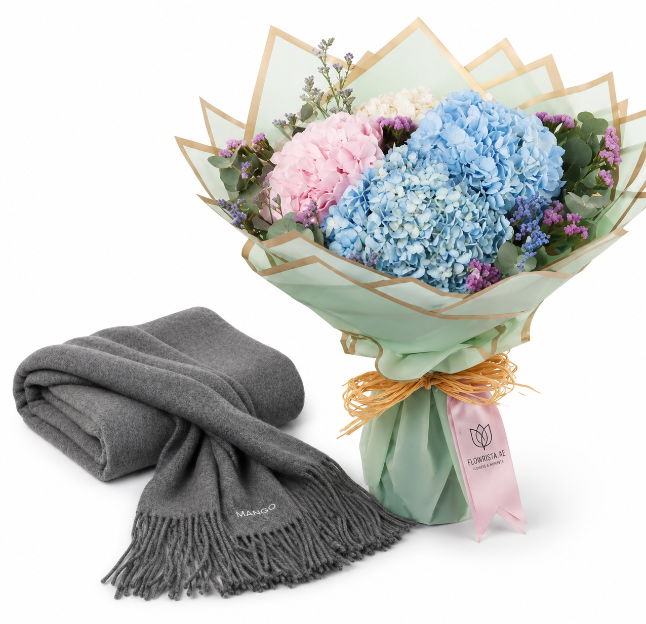 Mango Fringed Edge Scarf with Flowrista 4-Colour Hydrangea Bouquet