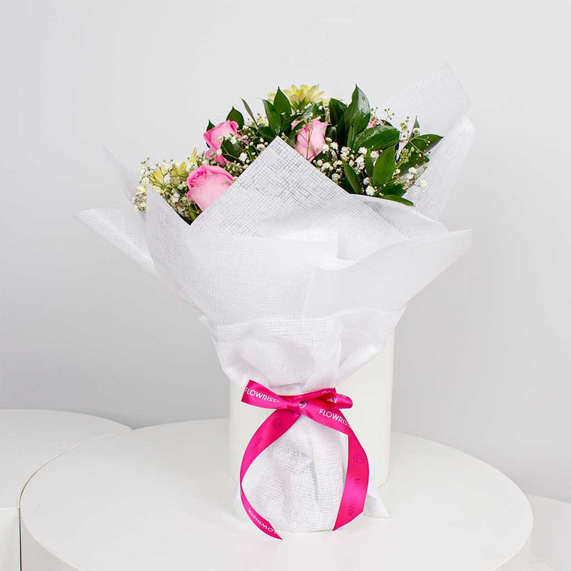 Whisper of Purity — White & Pink Roses Hand Bouquet