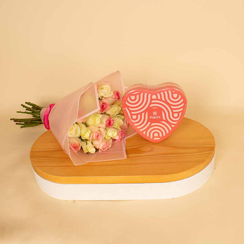 Luxury Flowers & Chocolate Gift – Patchi (22 pcs) & 20 Roses