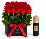 A gift set featuring a box of 24 red roses with green leaves and a large red ribbon, next to a bottle of Inghiltern Strawn Tobacco Flavouring.