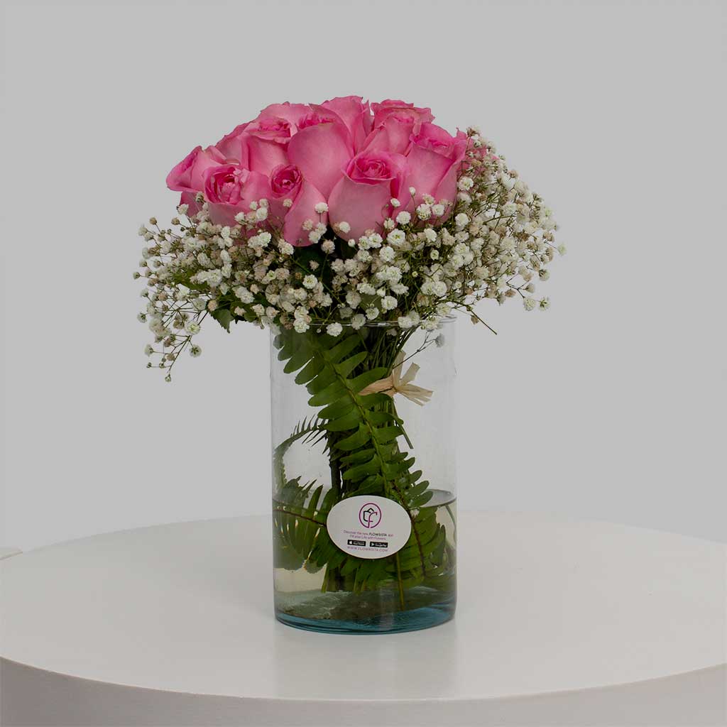Pink Rose Vase With Gypsophila