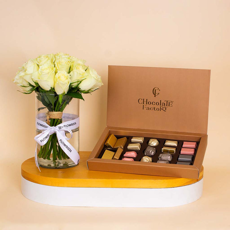 Chocolate Factory Luxe Box – 19 Pieces & White Roses Vase