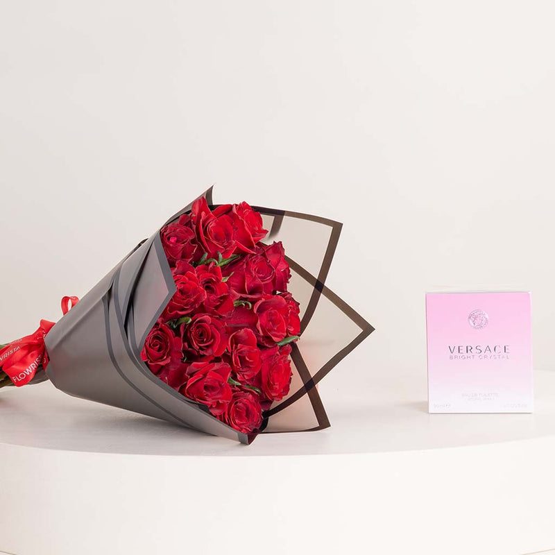 Versace Bright Crystal | 15 Red Roses Hand Bouquet