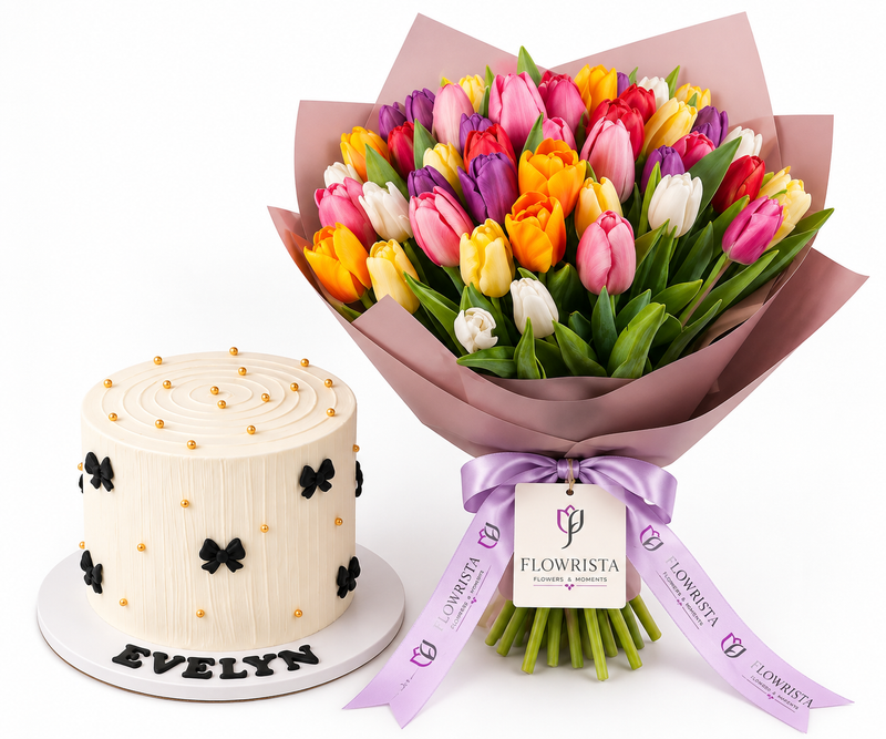 A floral gift set featuring a large bouquet of multicolored tulips in pink, yellow, orange, purple, and white, wrapped in dusty pink paper with a lavender ribbon and a 'FLOWRISTA' tag, alongside a custom cream-colored frosted cake with black bows and gold dots on a white base that reads 'EVELYN'.