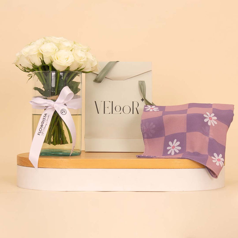 Verool Plum Scarf with 20 White Roses Vase
