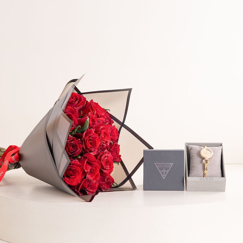 GUESS Ladies Giselle Gold Tone Analog Watch & Red Roses Bouquet
