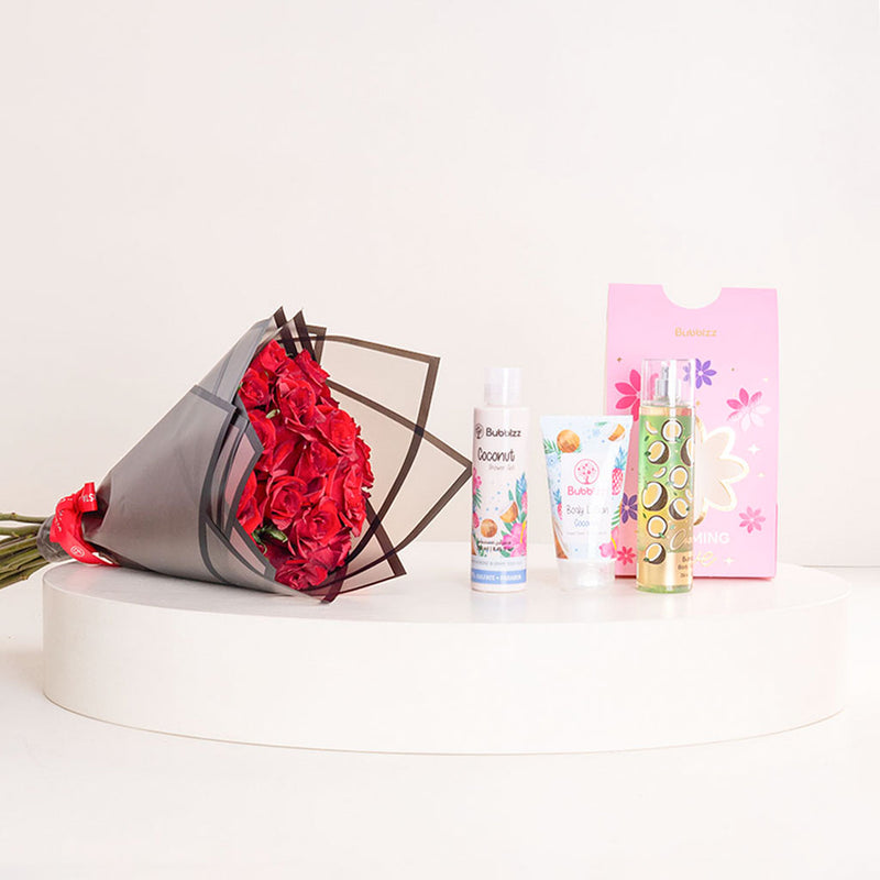 Bubblzz Blooming Love Body Care Bundle & Red Roses Bouquet