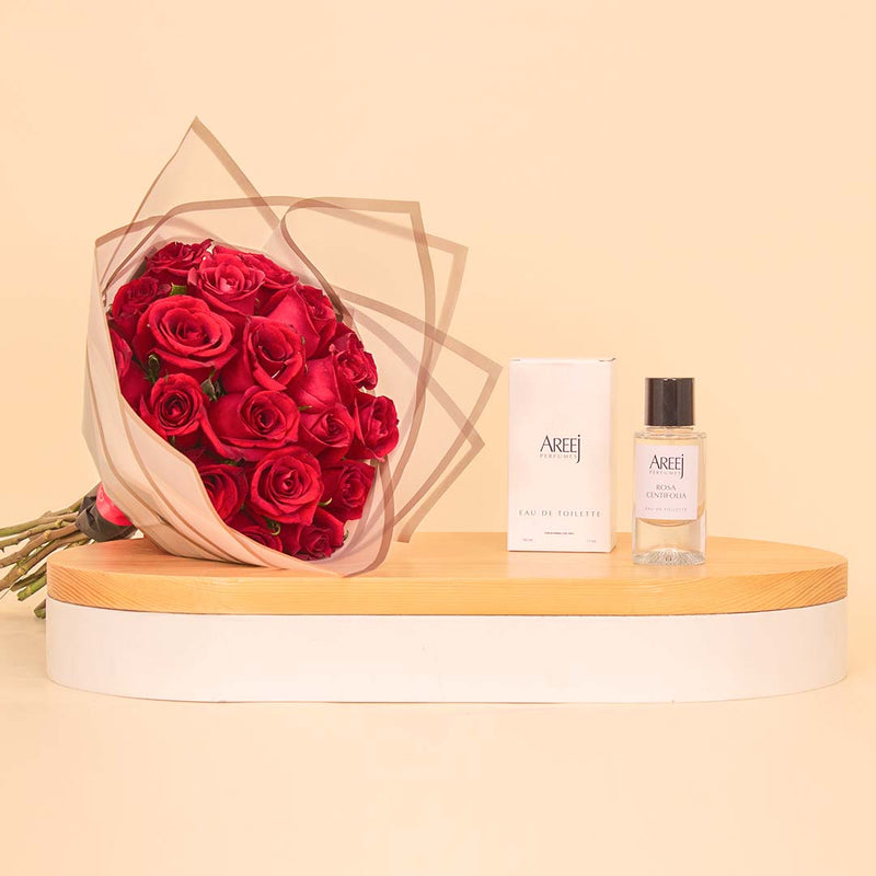 Areej Rose Centifolia with Hand Bouquet of 20 Red Roses