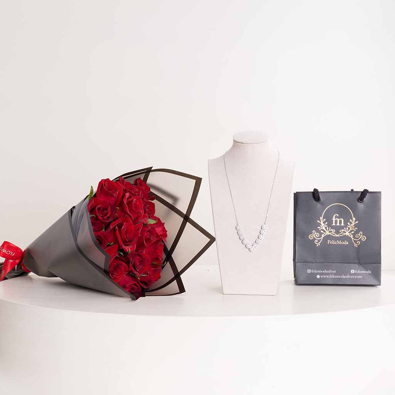 Felizmoda V-Shape Square Zircon Necklace & Red Roses Bouquet