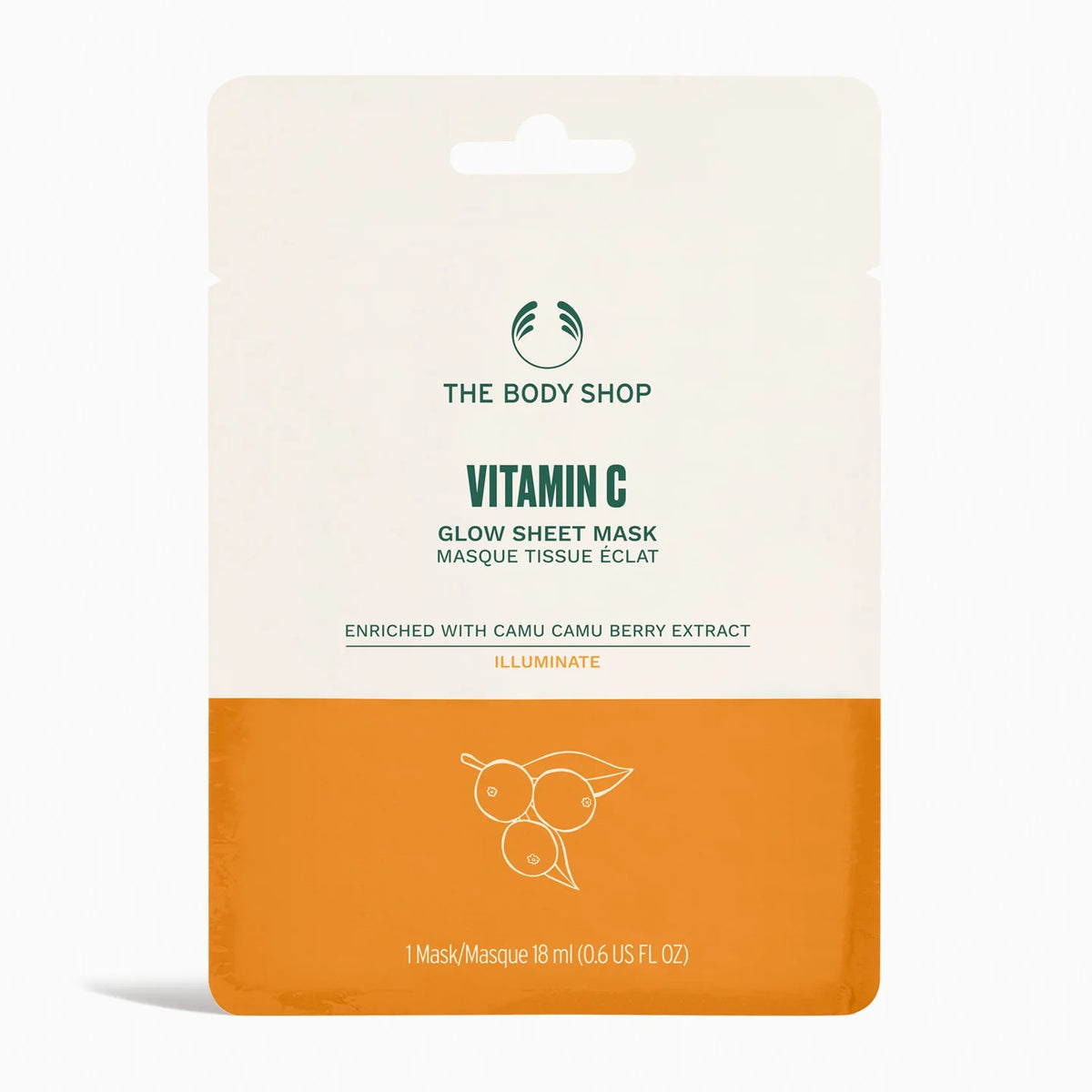 The Body Shop Vitamin C Glow Sheet Mask packaging, featuring a cream and orange color-blocked design with green and orange text.