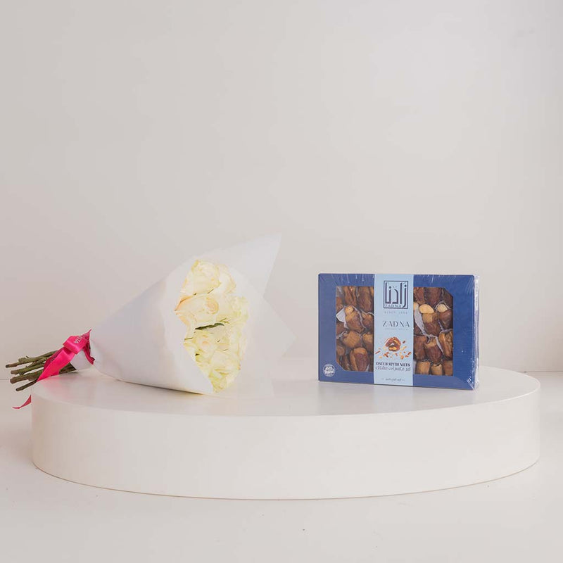 Zadna Mixed Dates and Nuts & White Roses Bouquet