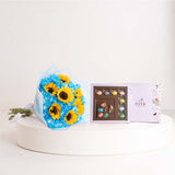 Fleur Easter Edition Belgian Bonbons Box & Belgian Chocolate Bar With Sunflower Chrysanthemum Bouquet