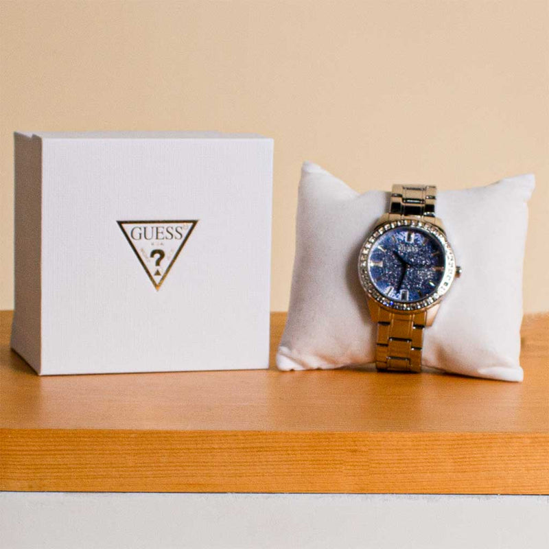 Guess Glitter Burst Diamonds Women’s Watch – Blue Dial, Silver Steel Strap (GW0405L1)