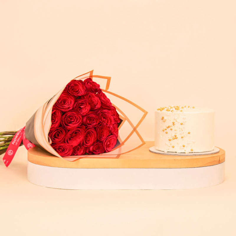 Ninos Golden Celebrations Cake & 20 Red Roses