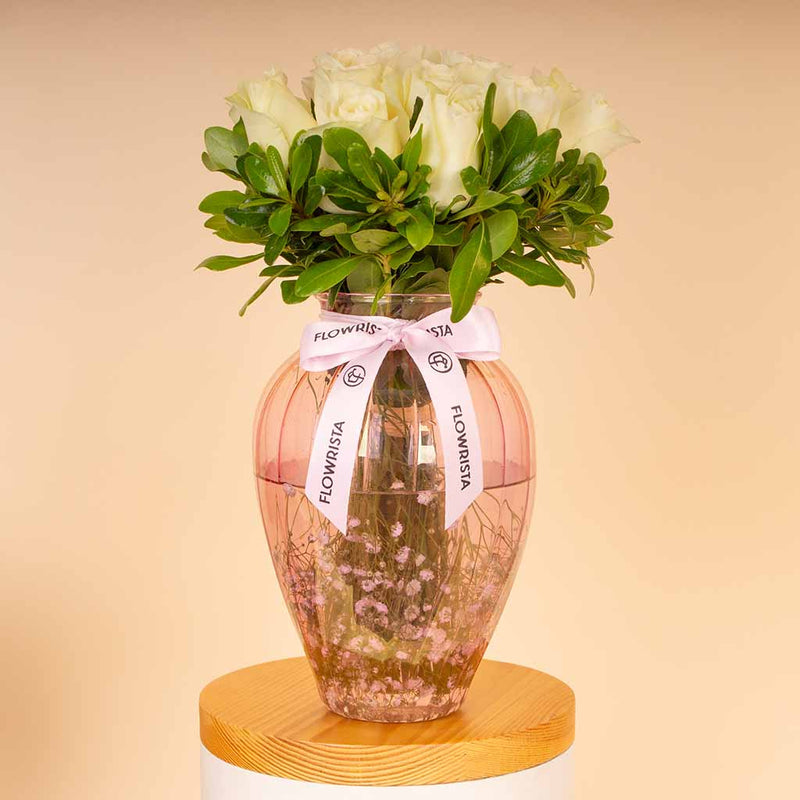 White Roses Art Vase