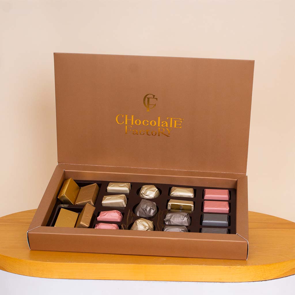 Chocolate Factory Luxe Box – 19 Pieces & White Roses Vase