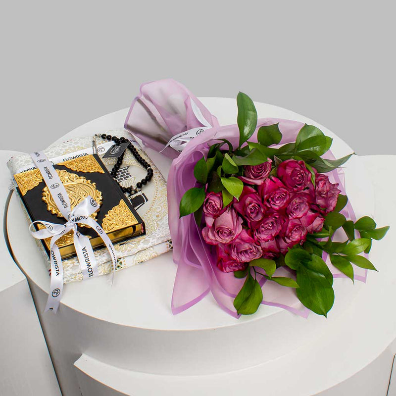 Spiritual Gift Set: Roses, Holy Quran, Prayer Rug, and Rosary