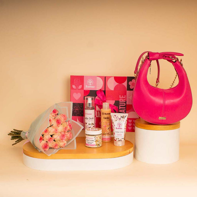 Fuchsia & Vanilla Bundle - Almaki Bag With Bubble Set & Pink Roses Hand Bouquet