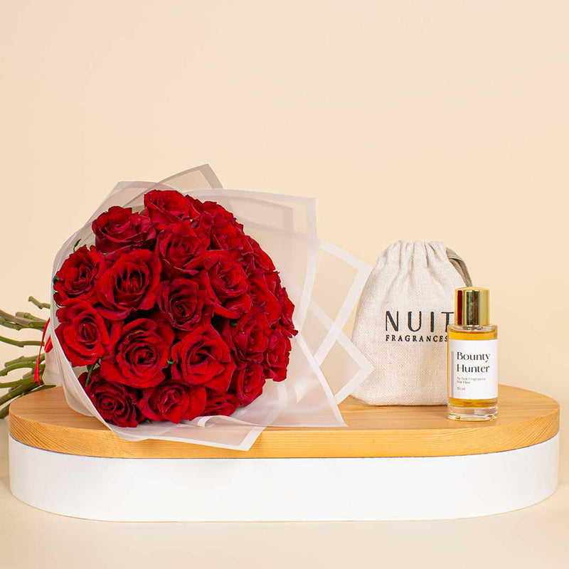 Nuit Fragrances Head Turner and 20 red roses