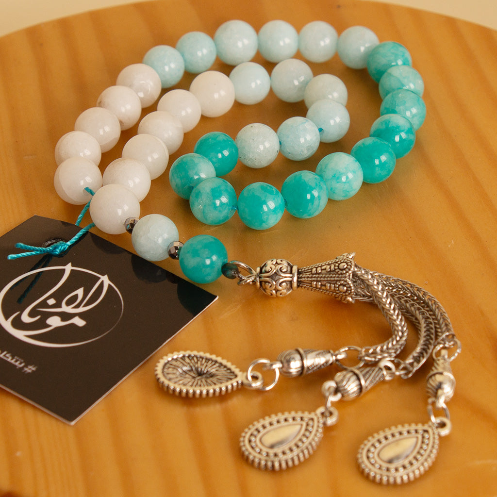 Blue & white Turquoise Rosary 33 Beads & 15 Pink Roses