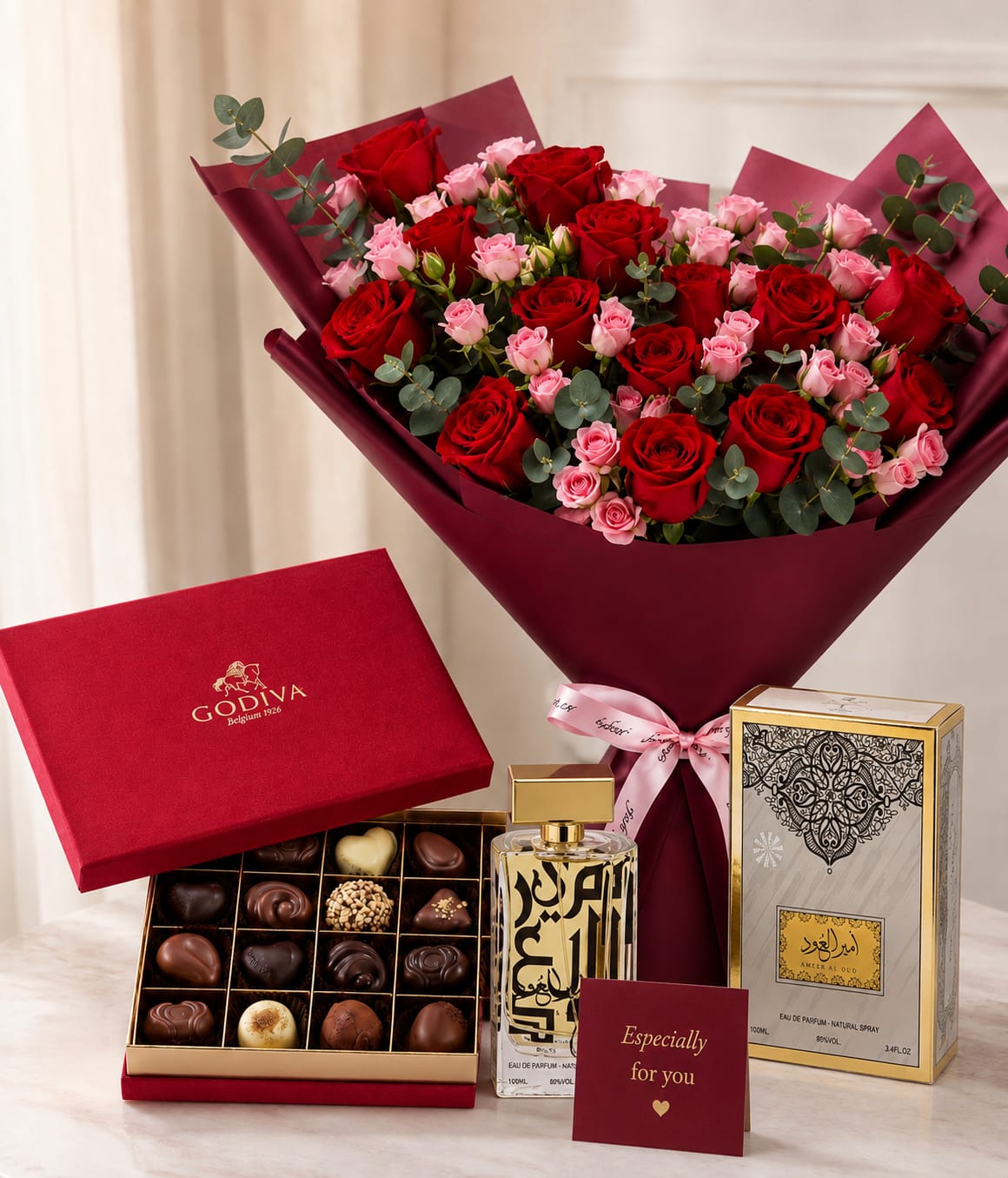 Ameer Al Oud Perfume & Godiva Chocolates & Mixed Roses Bouquet