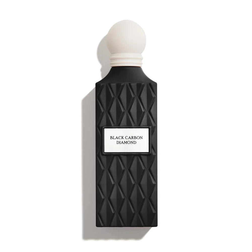 Black carbon diamond perfume bottle on a white background