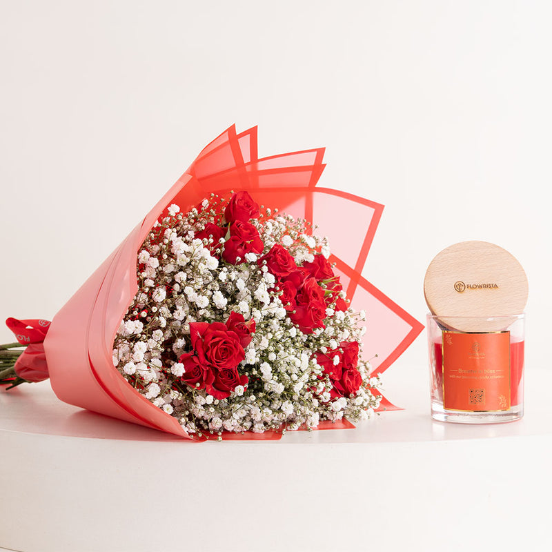 Red Jar Candle & Baby Roses Bouquet