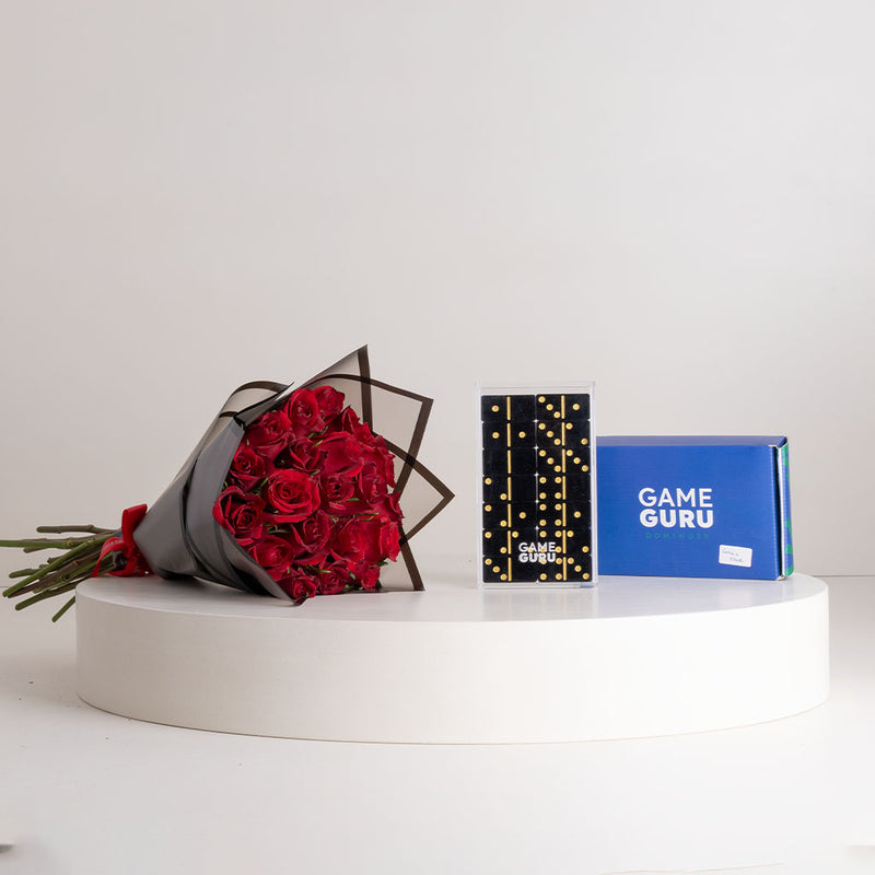 Game Guru Acrylic Dominoes Black-Gold & Red Roses Bouquet