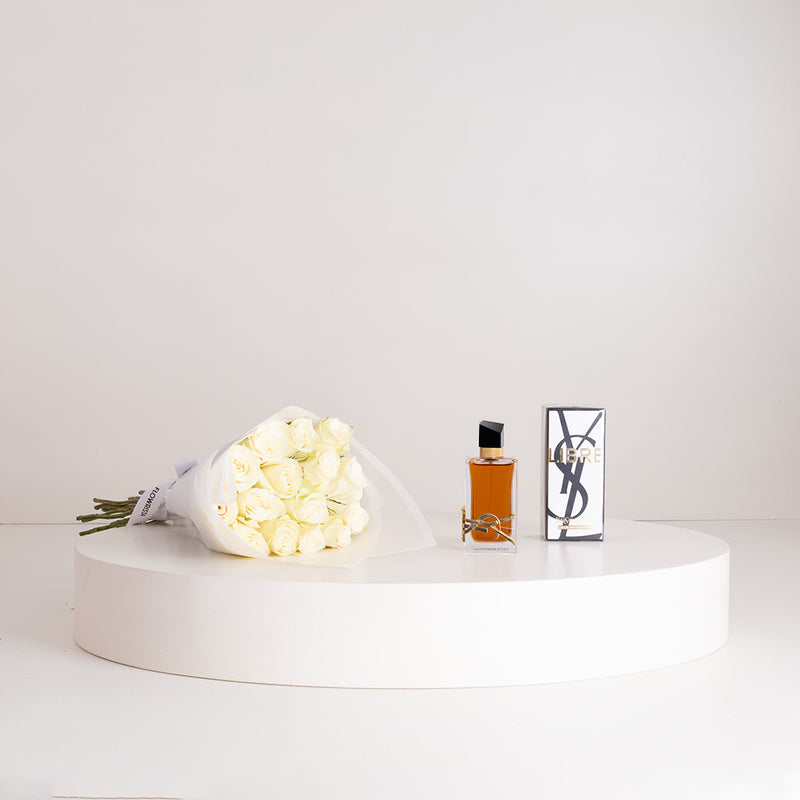 Yves Saint Laurent Libre Le Parfum 90ml & White Roses Bouquet