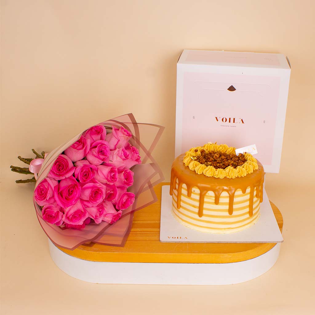 Voila Caramel Cake & Roses Bouquet