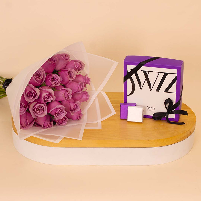 Swiza Chocolate Box (12 Pieces) & 20 Purple Roses