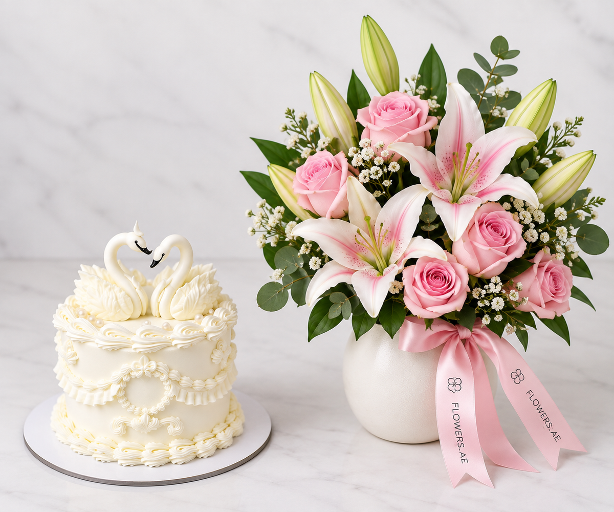Sugar Sweet Swan Cake & Pink Lily Rose Vase
