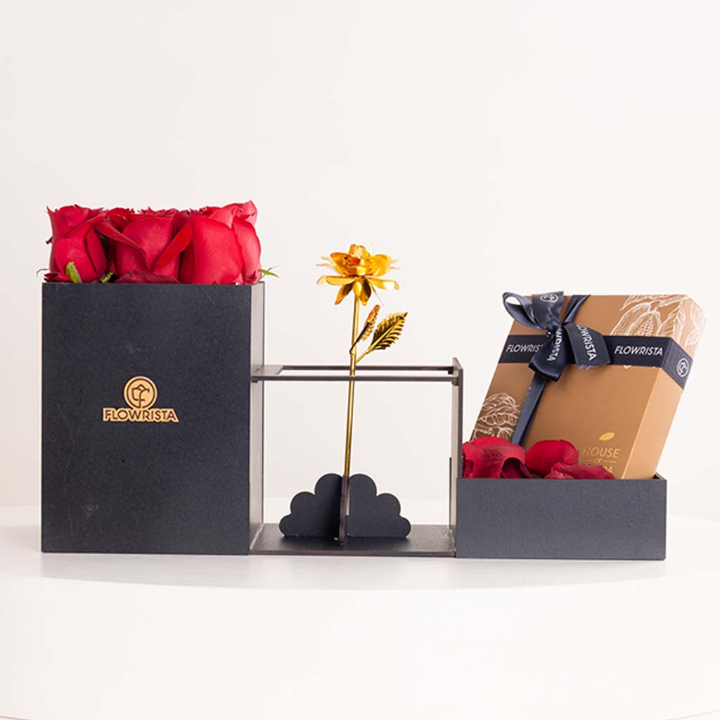 House of Cocoa Chocolate Box 16 pieces and 9 red roses