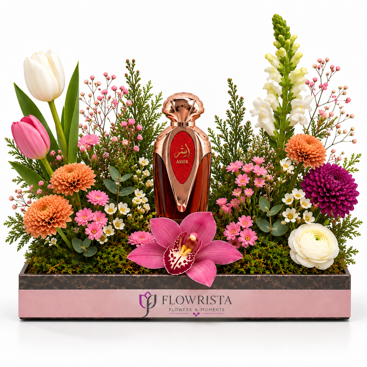 Asser Perfume with Artificial Mixed Flower Arrangement