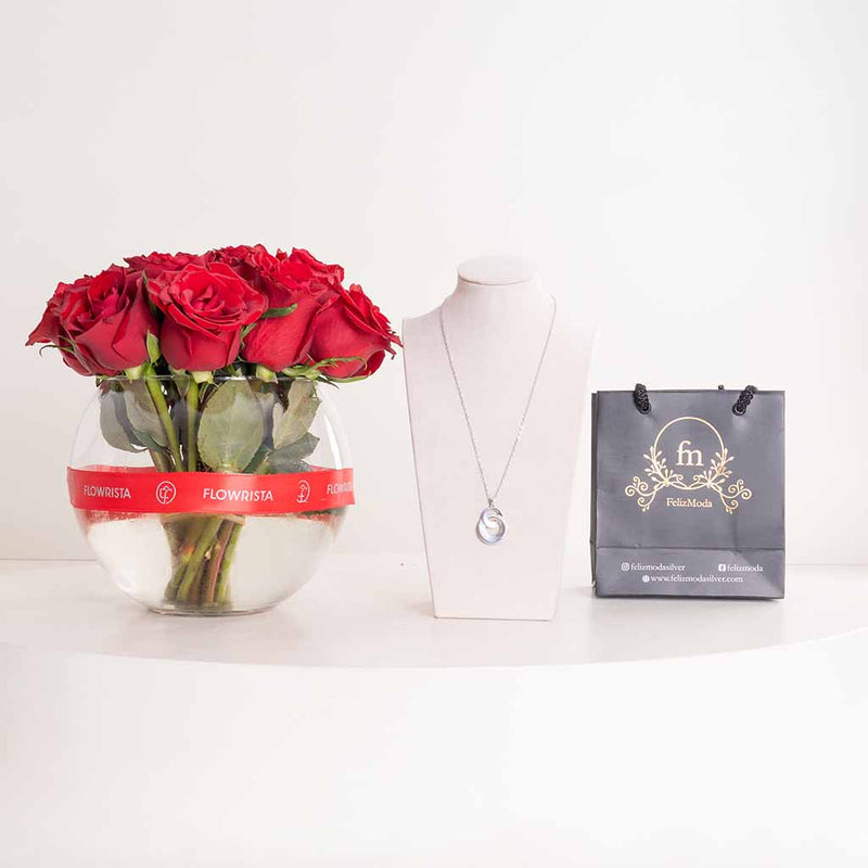 Felizmoda Two-Circle Silver Pendant Necklace & Red Roses Vase
