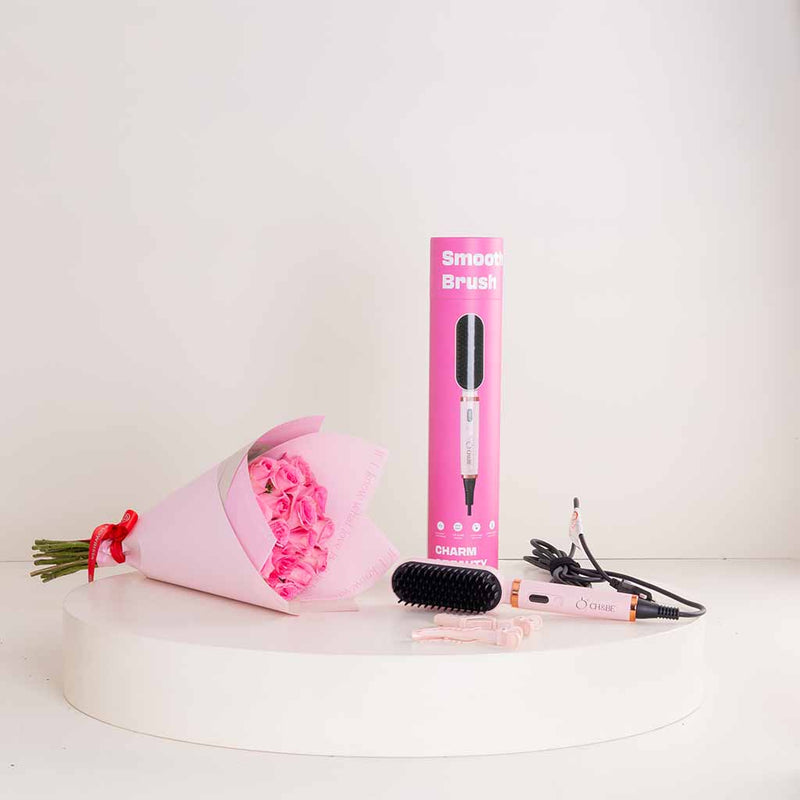CH&BE Smooth Brush & 15 Pink Roses Bouquet