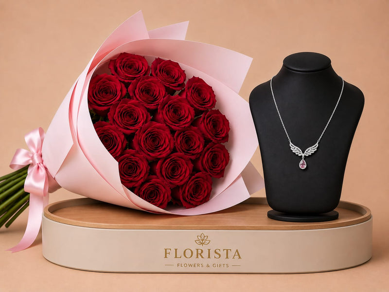 Silvara Angel Wings Necklace & Red Roses Bouquet