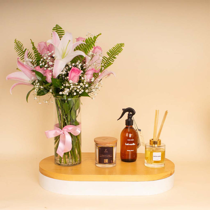 Zaha Home Cozy Glow Bundle - Lush Vanilla Spray & Into the Woods Diffuser & Breathe In Bliss Candle & Lily Roses Vase