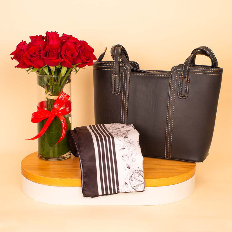 Sketch Elegance & Roses Bundle - Velour Hams Scarf & Alamki Juliette Black Bag & Red Roses