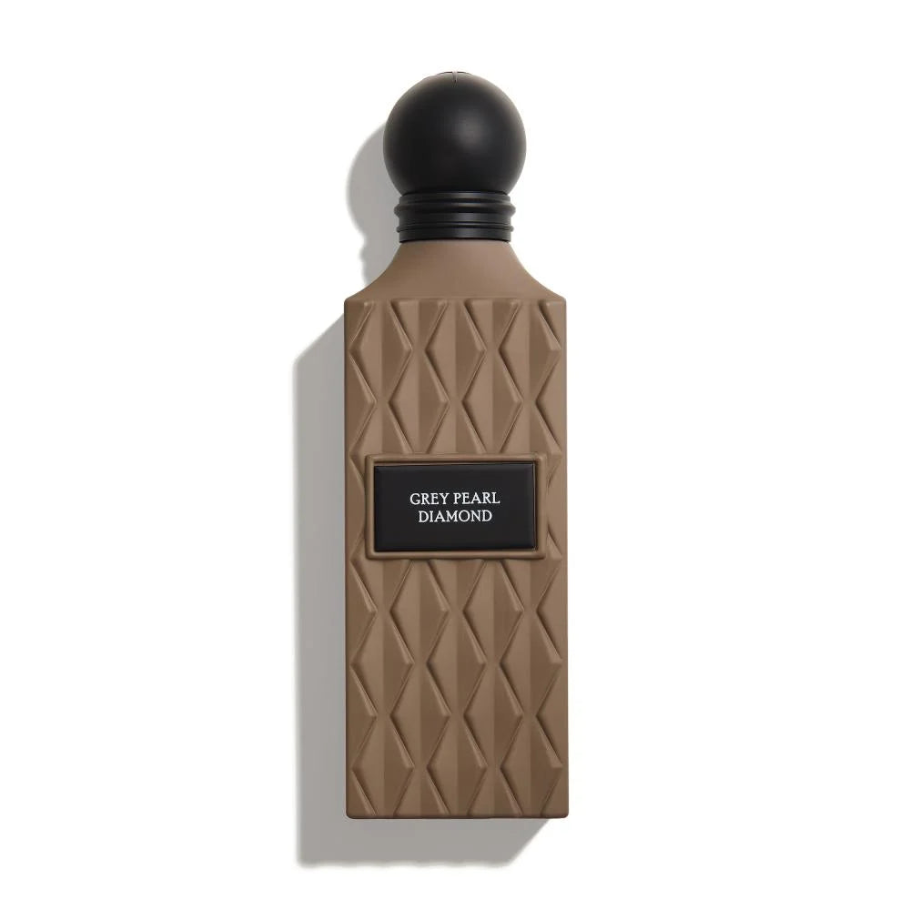 Perfume bottle with geometric design and 'Grey Pearl Diamond' label on a white background