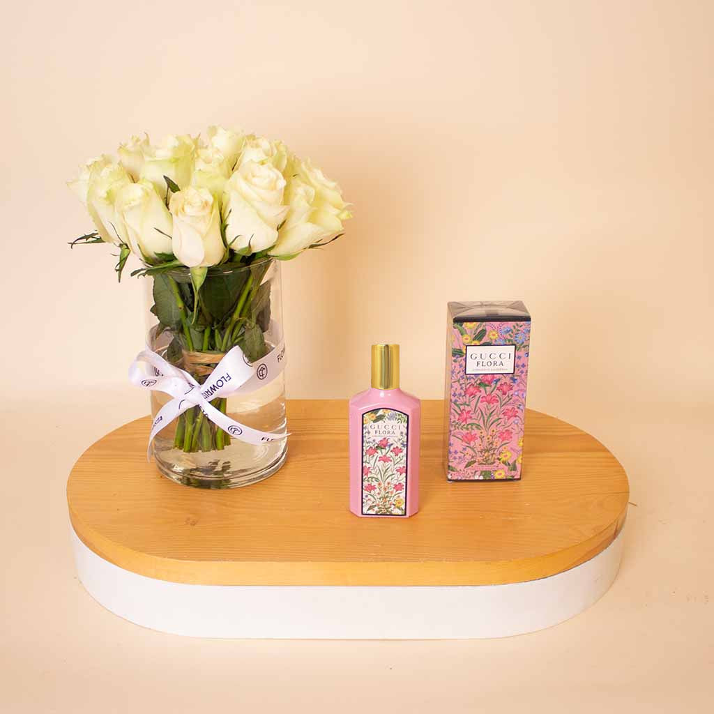 Gucci Flora Gorgeous Gardenia For Women EDP 100ml & White Roses Vase